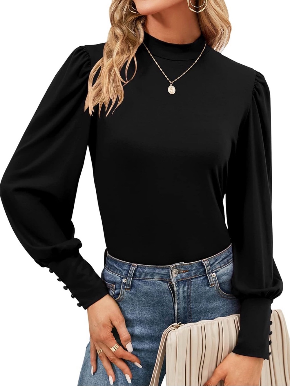 Black Mock Neck Puff Long Sleeve Top with button cuff sleeves